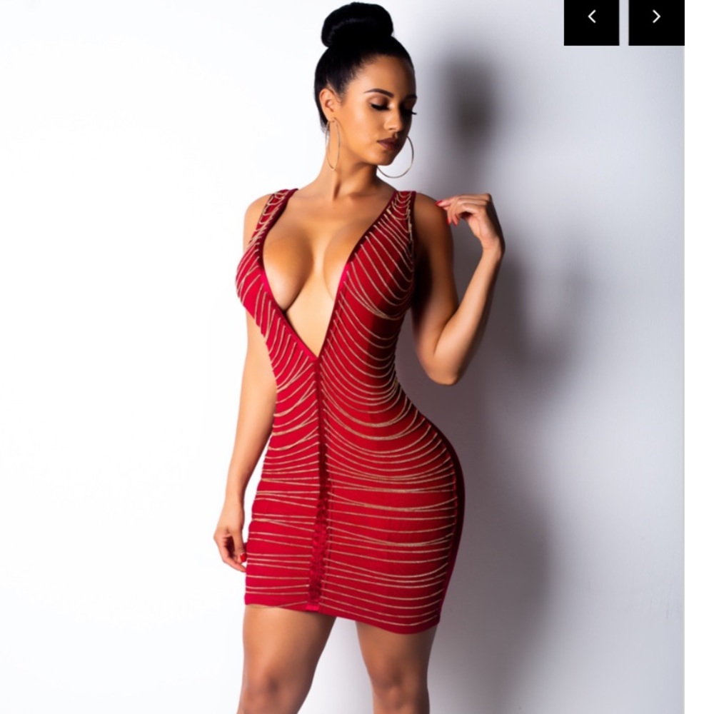 Deep V cut red dress